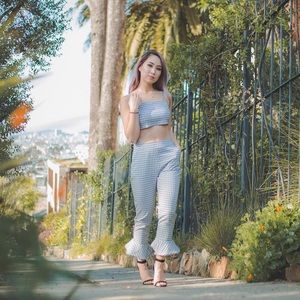 Plaid Ankle-Length High-Waisted Ruffle Pants